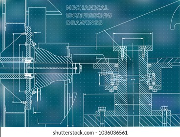 Technical illustration. Mechanical engineering. Backgrounds of engineering subjects. Technical design. Instrument making. Cover, banner. Blue background. Points