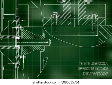 Technical illustration. Mechanical engineering. Backgrounds of engineering subjects. Green background. Grid