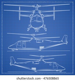 Technical Illustration with military helicopter drawing on the blueprint. Draft style. With stylized inscription.