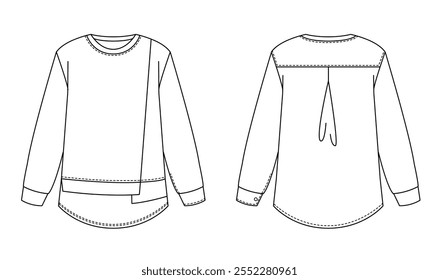 Technical illustration of a modern pullover with a unique back design featuring drawstrings. This garment includes long sleeves, a round neckline, and a straight hem, suitable for casual wear.