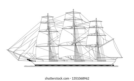 
Technical illustration of an old frigate. Ship, vintage transport. Black and white sketch style vector illustration.
