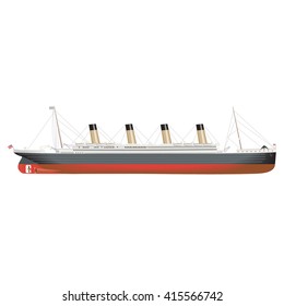 Technical illustration of an old vintage steam cruise ship with multiple smoke stacks. Profile view shows the keel, propellers and rudder.