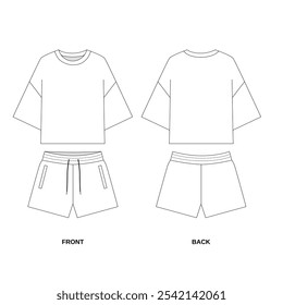 Ilustración técnica de pantalones cortos de manga corta y camiseta, vista frontal y trasera, Vector. Conjunto de ropa de algodón para el deporte y el ocio. Plantilla del esquema del pijama en el fondo blanco.