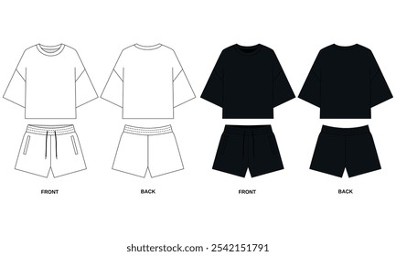 Ilustración técnica de pantalones cortos con bolsillos y camiseta de manga corta vista frontal y trasera, Vector. Conjunto de ropa casual de algodón para el deporte y el ocio. Pijama de boceto de color blanco y negro, aislado 