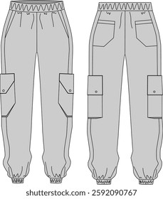 Technical illustration of sports pants - joggers, front and back views. Women's trousers with patch pockets. CAD layout.