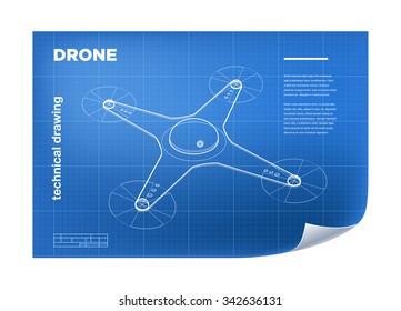 Technical Illustration With Vector Isometric Line Quadcopter Drone Drawing On The Blueprint.