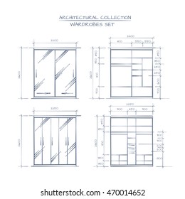 Technical Illustration Of Wardrobe Construction. Architectural Professional Hand Drawn Style Drawing.  
