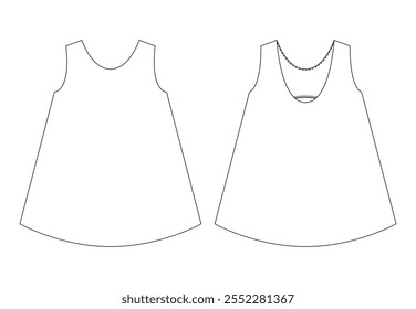 Technical illustration of a women's sleeveless dress with a flowing A-line silhouette, displayed in front and back views.