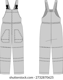 Ilustração técnica de macacão de trabalho. Trabalho e uso casual. Esboço plano, vista frontal e traseira. Ilustração vetorial, modelo. Layout CAD.