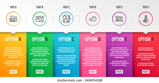 Technical info, Algorithm and Bitcoin system icons simple set. Online help, Fast delivery and Crowdfunding signs. Documentation, Project. Technology set. Infographic template. 6 steps timeline