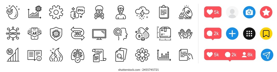 Technical info, Chemical hazard and Package size line icons pack. Social media icons. Dot plot, Fire energy, Thiamine vitamin web icon. Thunderstorm weather, Medical mask, Execute pictogram. Vector