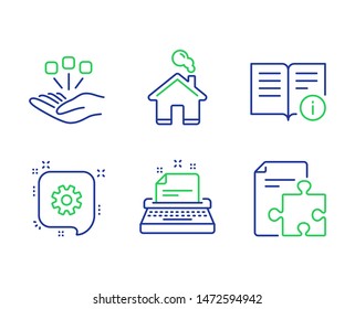 Technical info, Cogwheel and Home line icons set. Consolidation, Typewriter and Strategy signs. Documentation, Engineering, House building. Strategy. Industrial set. Vector