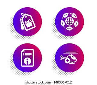 Technical info, Coupons and Eco organic icons simple set. Halftone dots button. Medical helicopter sign. Documentation, Shopping tags, Bio ingredients. Sky transport. Business set. Vector