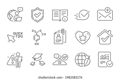 Technical Info, Job Interview And Chemical Formula Line Icons Set. Checkbox, Checked Calculation And Environment Day Signs. New Mail, Quick Tips And Throw Hats Symbols. Line Icons Set. Vector