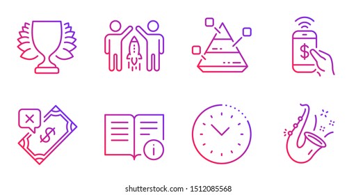 Technical info, Phone payment and Pyramid chart line icons set. Time management, Partnership and Rejected payment signs. Winner, Jazz symbols. Documentation, Mobile pay. Education set. Vector