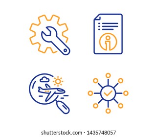 Technical info, Search flight and Customisation icons simple set. Survey check sign. Documentation, Airplane trip, Settings. Correct answer. Business set. Linear technical info icon. Vector