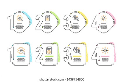 Technical info, Search flight and Customisation icons simple set. Survey check sign. Documentation, Airplane trip, Settings. Correct answer. Business set. Infographic timeline. Vector