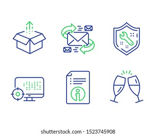 Technical info, Seo and Spanner line icons set. Send box, E-mail and Champagne glasses signs. Documentation, Search engine, Repair service. Delivery package. Business set. Vector