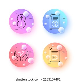 Technical info, Video file and Safe energy minimal line icons. 3d spheres or balls buttons. Scroll down icons. For web, application, printing. Documentation, Vlog page, Thunderbolt. Vector