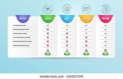 Technical info, World money and Marketing icons simple set. Comparison table. Checklist sign. Documentation, Global markets, Article. Data list. Science set. Pricing plan. Compare products. Vector