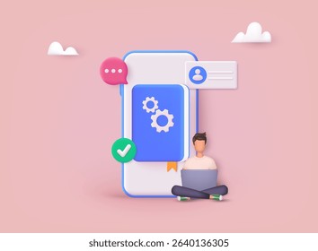 Technical inforamation, User manual, guide, instruction, guidebook. Rules guideline or user manual book. Settings, instruction and support concept. 3D Web Vector Illustrations.