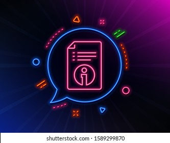 Technical information line icon. Neon laser lights. Instruction sign. Glow laser speech bubble. Neon lights chat bubble. Banner badge with technical info icon. Vector