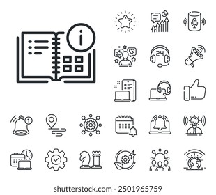 Technical information sign. Place location, technology and smart speaker outline icons. Instruction info line icon. Instruction info line sign. Influencer, brand ambassador icon. Vector