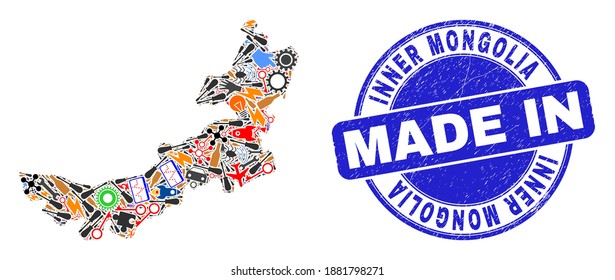 Technical Inner Mongolia map mosaic and MADE IN textured stamp. Inner Mongolia map mosaic created from spanners,cogs,instruments,,keys,airplanes,aircrafts,air planes,aviation symbols,