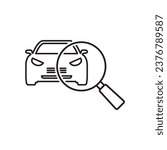 technical inspection car icon, magnifying glass with vehicle, auto search, thin line symbol on white background - editable stroke vector illustration