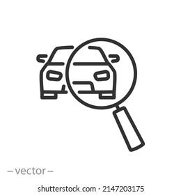 technical inspection car icon, magnifying glass with vehicle, auto search, thin line symbol on white background - editable stroke vector illustration