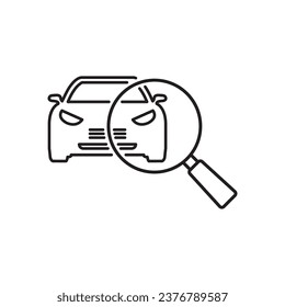 icono del coche de inspección técnica, lupa con vehículo, búsqueda automática, símbolo de línea delgada sobre fondo blanco - ilustración del vector de trazo editable