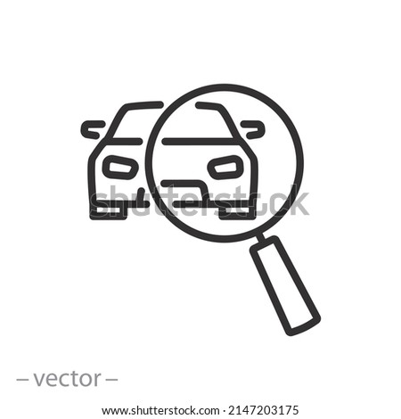 technical inspection car icon, magnifying glass with vehicle, auto search, thin line symbol on white background - editable stroke vector illustration