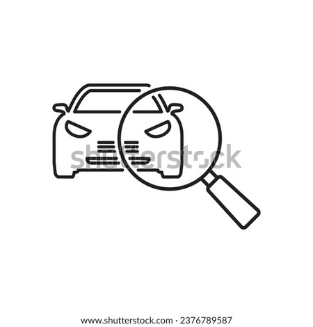 technical inspection car icon, magnifying glass with vehicle, auto search, thin line symbol on white background - editable stroke vector illustration