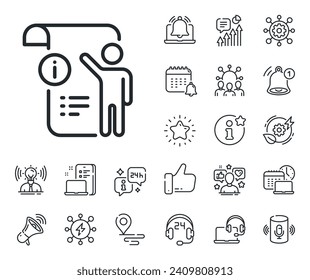 Signo de instrucción técnica. Coloque los iconos de la ubicación, la tecnología y el contorno del altavoz inteligente. Icono de línea de documento manual. Signo de línea de documento manual. Influenciador, icono del embajador de la marca. Soporte, oferta en línea. Vector