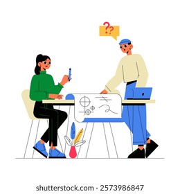 Technical Interview Between Two Professionals In Flat Vector Illustration Symbolizing Job Assessment, Teamwork, And Problem Solving, Isolated On White Background