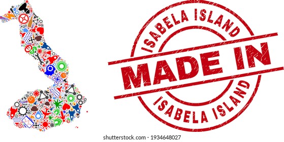 Technical Isabela Island of Galapagos map mosaic and MADE IN distress rubber stamp. Isabela Island of Galapagos map abstraction composed from spanners, cogs, instruments, air planes, transports,