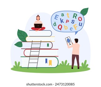 Technical jargon, difficult meaning of information, problem to understand slang or language. Tiny people communicate with messy chaos of letters inside speech bubble cartoon vector illustration