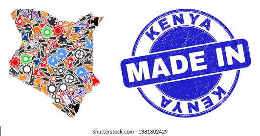 Technical Kenya map mosaic and MADE IN distress stamp seal. Kenya map mosaic designed with wrenches,wheel,screwdrivers,items,vehicles,electricity strikes,rockets.