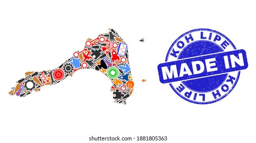 Mosaico de mapa técnico de la tubería de Koh y sello de goma texturada MADE IN. Collage de mapa de la tubería de Koh compuesto por spanners, rueda, herramientas, elementos, transportes, pernos de electricidad, detalles.