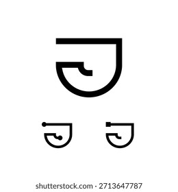 Technical letter J, digital alphabet cyber font, including set of three different letter, vector illustration 10EPS