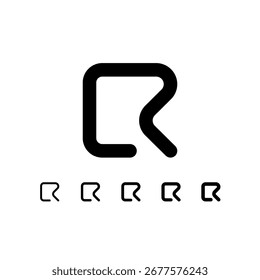 Technical letter R, digital cyber alphabet font, including set of five different thicknesses of the trendy modern letter (light, regular, medium, bold, thick), vector illustration 10EPS