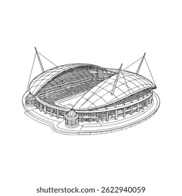 Technical Line Art Detail, Sharp, high-detail vector illustration of a contemporary stadium in linear black-and-white style. Ideal for sports and design industries - Stadium Architectural Design