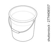 Technical line art drawing featuring an isometric plastic utility pail This round housekeeping bucket and water container is optimized for janitorial manual illustrations and sanitation infographics