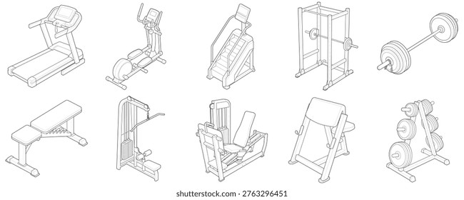 Technical line art drawing featuring an isometric commercial gym equipment collection This complete facility layout details cardio endurance machines selectorized cable stations power rack and freeweight gear optimized for fitness center blueprints and interior architecture diagrams
