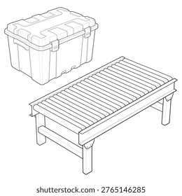 Technical line art drawing featuring an isometric end of line sorting set This commercial material handling bundle details a portable unpowered gravity conveyor and a stackable lockable tote optimized for warehouse layout infographics