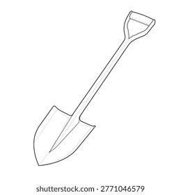 Technical line art drawing featuring an isometric short handled survival spade This compact round point entrenching tool details a d grip optimized for outdoor apparel decals patches and overland merchandise illustrations