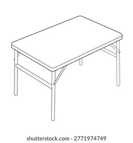 Technical line art drawing featuring an isometric plastic folding utility table This portable collapsible trestle furniture details metal legs and braces optimized for event layout blueprints catering floorplans and market vendor illustrations