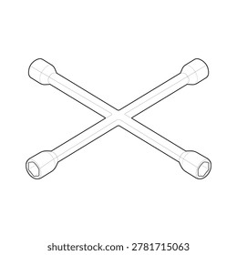Technical line art drawing featuring an isometric automotive four way cross lug wrench. This unbranded heavy duty steel spider brace tool is optimized for roadside flat tire emergency manuals, vehicle wheel nut repair infographics, and manual leverage hardware systems.