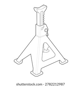 Technical line art drawing featuring an isometric automotive ratchet pawl jack stand. This unbranded rigid pyramid base steel hardware is optimized for undercarriage chassis clearance support, mechanic garage vehicle height adjustable manuals, and secure stabilize hoist mockups.