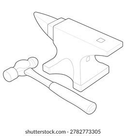 Technical line art drawing featuring an isometric traditional smithy anvil and ball peen hammer. This unbranded cast iron hardware is optimized for metal forging fabrication manuals, farrier foundry rivet flatten infographics, and classic metallurgy workshop heat temper mockups.